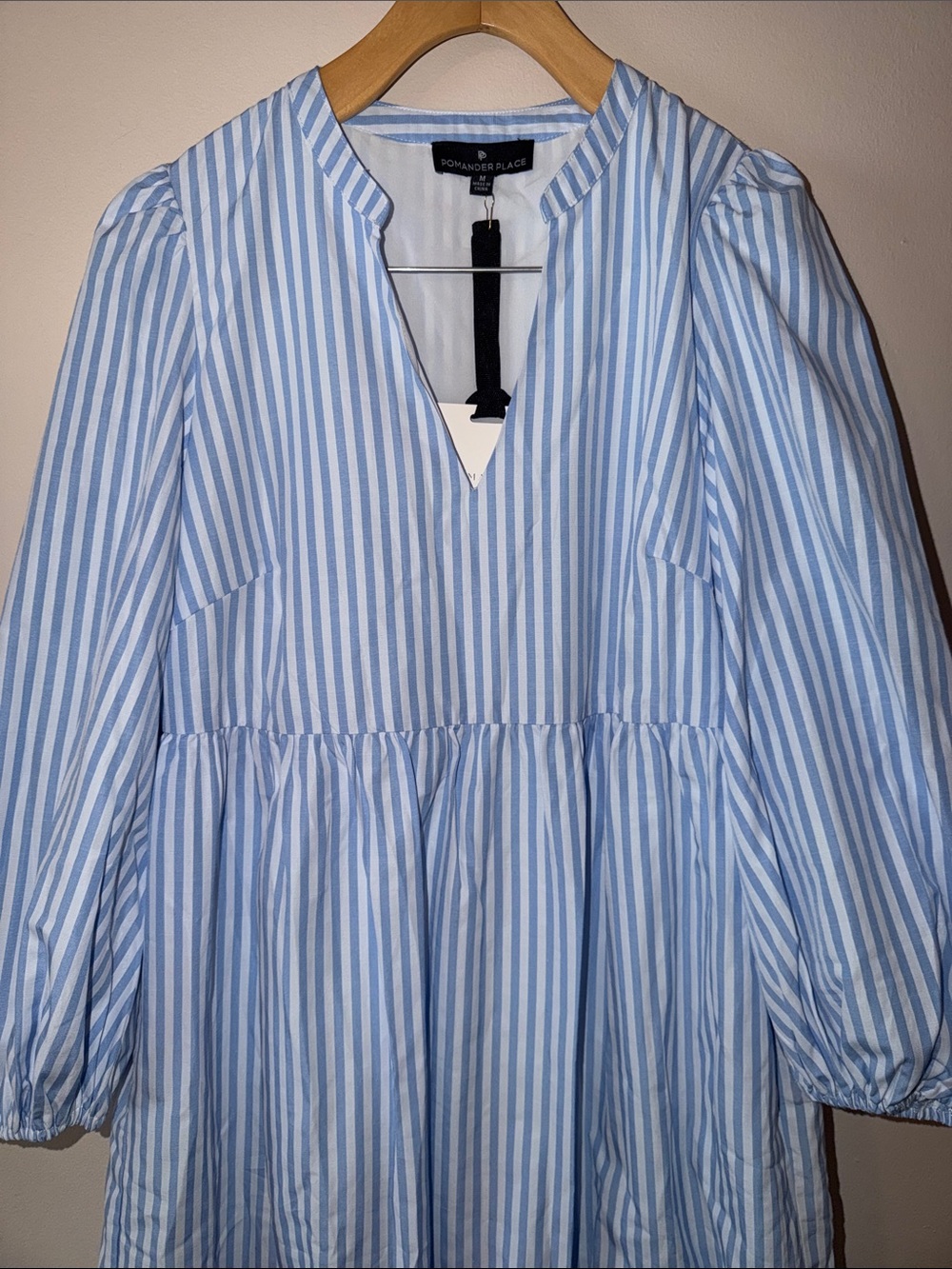Pomander Place NWT Blue & White Striped Tiered Midi Dress 3/4 Sleeve Size M - Picture 3 of 7